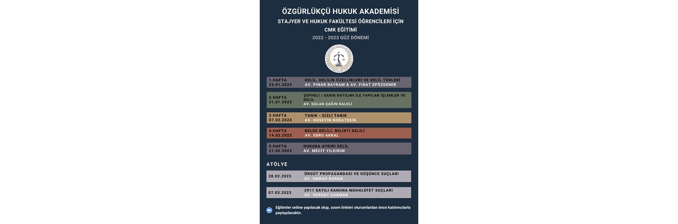 ÖZGÜRLÜKÇÜ HUKUK AKADEMİSİ STAJYER AVUKAT ve HUKUK FAKÜLTESİ ÖĞRENCİLERİ CMK EĞİTİMLERİ, ÖZGÜRLÜKÇÜ HUKUK AKADEMİSİ STAJYER AVUKAT ve HUKUK FAKÜLTESİ ÖĞRENCİLERİ CMK EĞİTİMLERİ